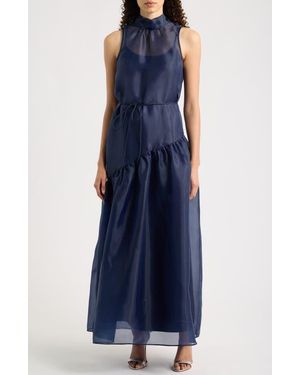 Julia Jordan Tie Neck Organza Overlay Gown - Blue
