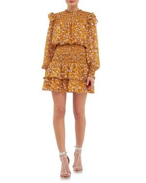 Endless Rose Floral Print Shirred Long Sleeve Chiffon Minidress - Multicolor