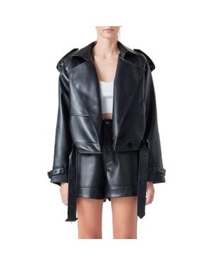Grey Lab Faux Leather Trench Jacket - Black