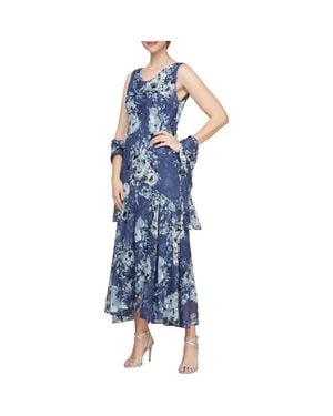 Alex Evenings Print Cowl Neck Maxi Dress With Shawl - Blue