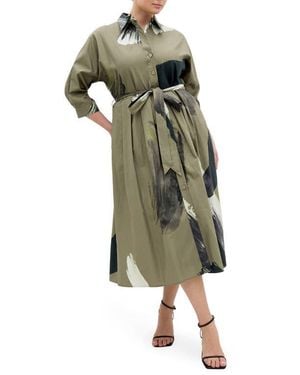 City Chic Angel Brushstroke Belted Cotton Shirtdress - Green