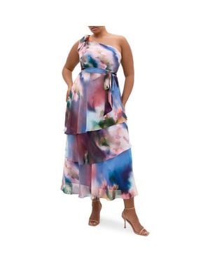 City Chic Metallic One-Shoulder Tiered Dress - Blue