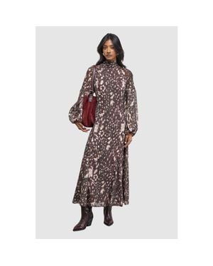 Warehouse Paisley Burnout Spot Godet Midi Dress - Brown