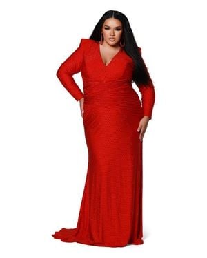 Johnathan Kayne for Sydneys Closet Ruched Long Sleeve V-Neck Plus Size Evening Gown - Red