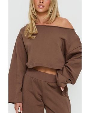Princess Polly Retreat Raw Edge One-Shoulder Sweatshirt - Brown
