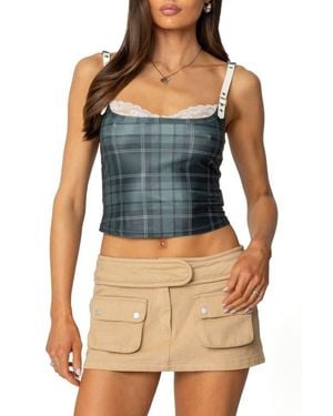 Edikted Lace Detail Plaid Mesh Crop Top - Blue