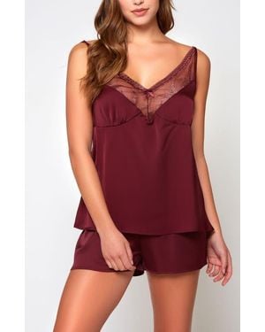 iCollection Satin Lace Cami & Shorts Pajama Set - Red
