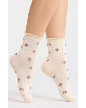 BP. Pretty Floral Crew Socks - Natural