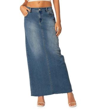 Edikted Elowyn Denim Maxi Skirt With Back Slit Detail - Blue