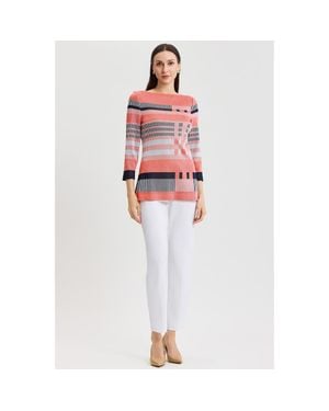 Ming Wang Classic Jacquard Colorblock Soft Knit Tunic - White