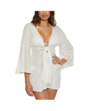 Becca Radiance Metallic Stripe Long Sleeve Cover-Up Tunic - White