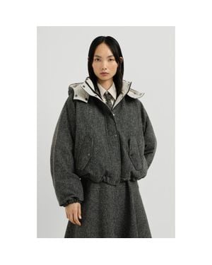 Brunello Cucinelli Virgin Wool Donegal Down Jacket With Detachable Hood And Shiny Zipper Pull - Gray