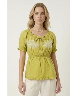 Modenaire Embroidered Ruffle Trim Peplum Blouse - Yellow