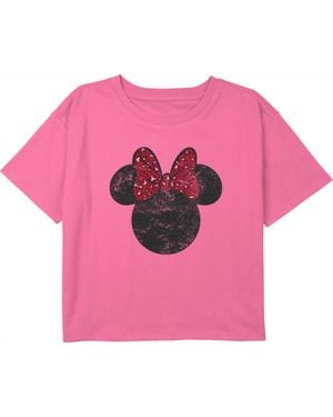 Mickey & Friends Girls' Minnie Mouse Distressed Leopard Bow Graphic Cropped T-Shirt - Pink