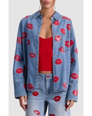 Alice + Olivia Kiss Print Denim Shirt Jacket - Red