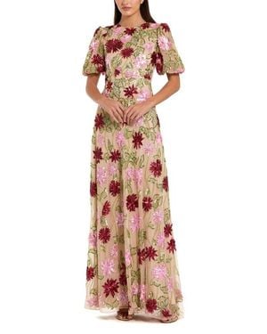 Mac Duggal Floral Embroidered Mesh Gown With Statement Sleeves - Brown
