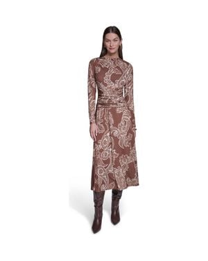 Halston Long Sleeve Paisley Printed Jersey Midi Dress - Brown