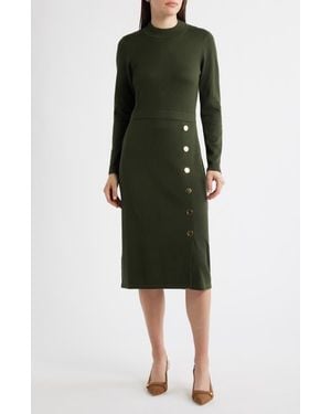 Julia Jordan Button Mock Neck Long Sleeve Midi Dress - Green