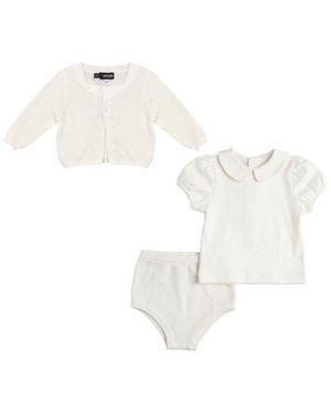 Space Grey Girl Textured Knit Cardigan, Cotton Shirt And Shorts Set - White