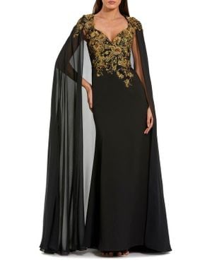 Mac Duggal Embellished Crepe Gown With Chiffon Cape Sleeves - Black