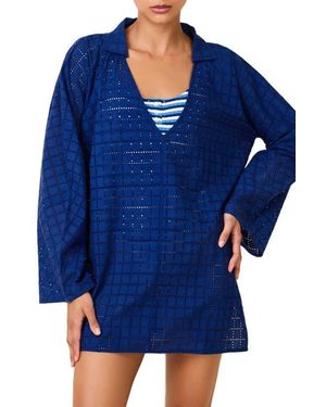 Solid & Striped The Alba Embroidered Eyelet Long Sleeve Cotton Cover-Up Tunic - Blue