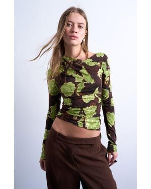 TOPSHOP Abstract Floral Asymmetric Neck Top - Green