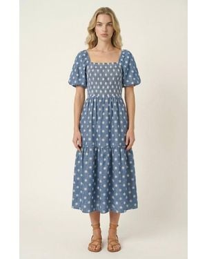 Modenaire Smocked Puff-Sleeve Midi Dress With Tiered Skirt And Pockets - Blue