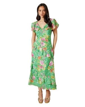 Oasis Ruffle Sleeve Jacquard Midi Dress - Green