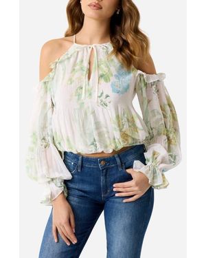 Guess Emily Floral Cold Shoulder Top - White