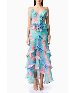 Elliatt Coral Print Tiered High-Low Gown - Blue