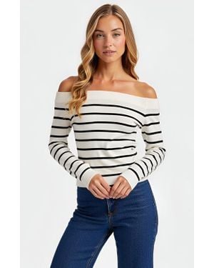 Modenaire Striped Off-The-Shoulder Knit Long-Sleeve Fitted Top - Blue
