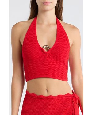 Kulani Kinis Ring Knit Halter Cover-Up Crop Top - Red