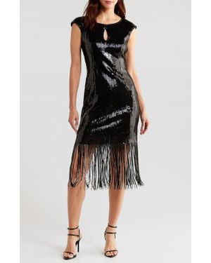 Connected Apparel Kyhle Sequin Fringe Hem Cocktail Dress - Black