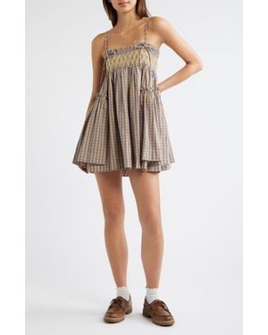 Damson Madder Lilo Smocked Plaid Minidress - Natural