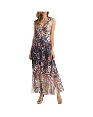 Komarov Floral Border Long Dress With Lace Up Back Detail - Brown