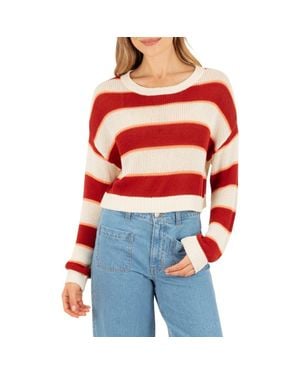Hurley Delta Striped Cropped Open Knit Sweater - Red