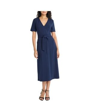 Maggy London Short Sleeve Tie Waist A-Line Midi Dress - Blue