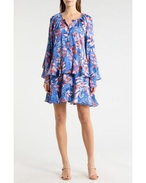 MELLODAY Leaf Print Long Sleeve Dress - Blue