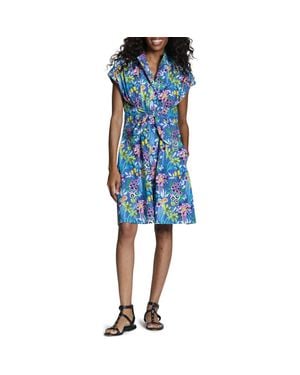 Apny Floral Print Belted A-Line Dress - Blue