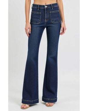 Modenaire High Waist Flare Jeans With Front Patch Pockets - Blue