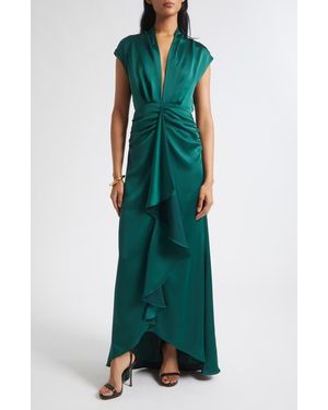 Ramy Brook Catrin Plunge Neck Center Ruched Satin Gown - Green