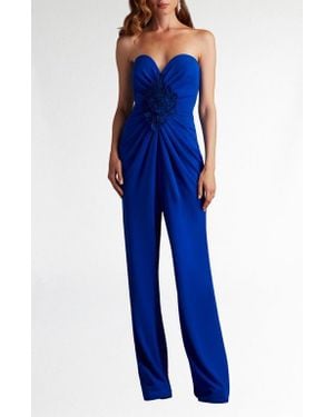 Tadashi Shoji Embroidered Flower Detail Strapless Jumpsuit - Blue