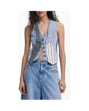 Desigual Patchwork Crop Denim Vest - Blue