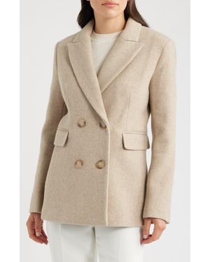 Donna Karan Herringbone Wool Double Breasted Coat - Natural