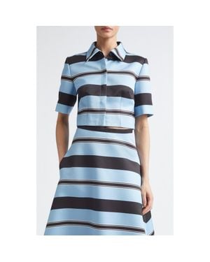 Emilia Wickstead Natalie Stripe Taffeta Faille Crop Button-Up Shirt - Blue