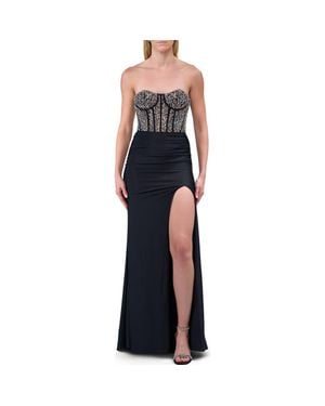 La Femme Long Dress With Rhinestone Corset Bodice And Simple Skirt - Blue