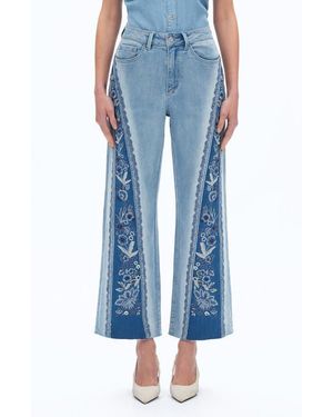Bayeas Patchwork Embroidered High Waist Crop Jeans - Blue