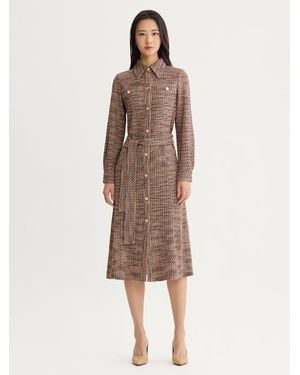 Misook Belted Button Front Tweed Knit Midi Dress - Natural