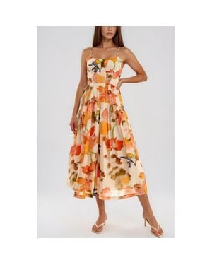 Socialite Floral Ruched Bodice Midi Dress - Orange