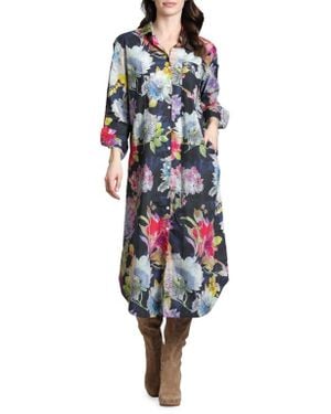 Apny Floral Long Sleeve Midi Shirtdress - Multicolor